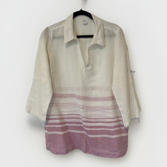 Sigrid Olsen Womens Blouse Tunic L Linen Pink White Stripe Pullover Beach - Picture 2 of 9